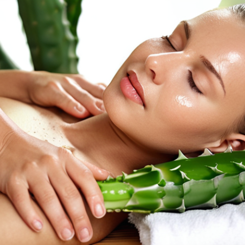 Home 11 **Close-up of a woman's radiant skin being gently massaged with aloe vera essence, with blurred background showcasing lush green aloe vera plants. Focus on hydration and soothing.**