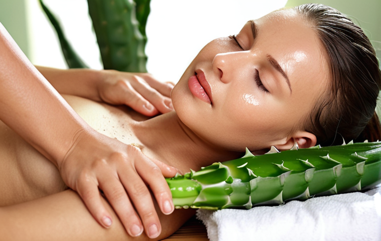 **Close-up of a woman's radiant skin being gently massaged with aloe vera essence, with blurred background showcasing lush green aloe vera plants. Focus on hydration and soothing.**